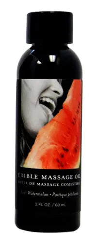Edible massage oil bottle with black cap and watermelon slice label