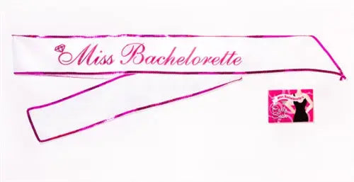 White bachelorette sash with pink Miss Bachelorette print