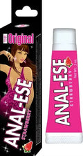 Anal-Ese Strawberry soft packaging: pink tube and black box with strawberry accents