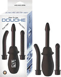 Black douche-style adult toy with curved handle and nozzle, shown with small bulb.