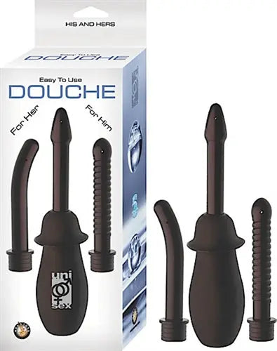 Black douche-style adult toy with curved handle and nozzle, shown with small bulb.