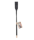 Black makeup brush with flat bristle head and beige ferrule, slim handle