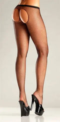 Sheer thong pantyhose with open crotch, dark fishnet mesh over legs