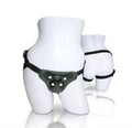 Black leather strap harness with studded front plate and adjustable sides