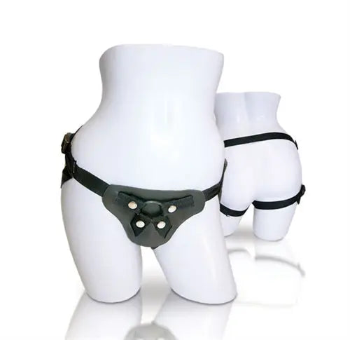 Black leather strap harness with studded front plate and adjustable sides