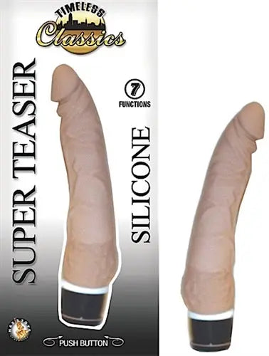 Flesh-toned silicone sex toy with dark base and silver band
