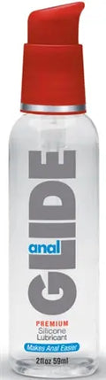 Anal silicone lubricant pump bottle with red cap, clear white bottle, 2 oz.