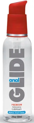 Anal silicone lubricant pump bottle with red cap, clear white bottle, 2 oz.