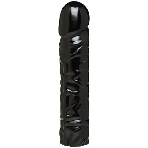 Black 8-inch penis-shaped sex toy with smooth rounded tip