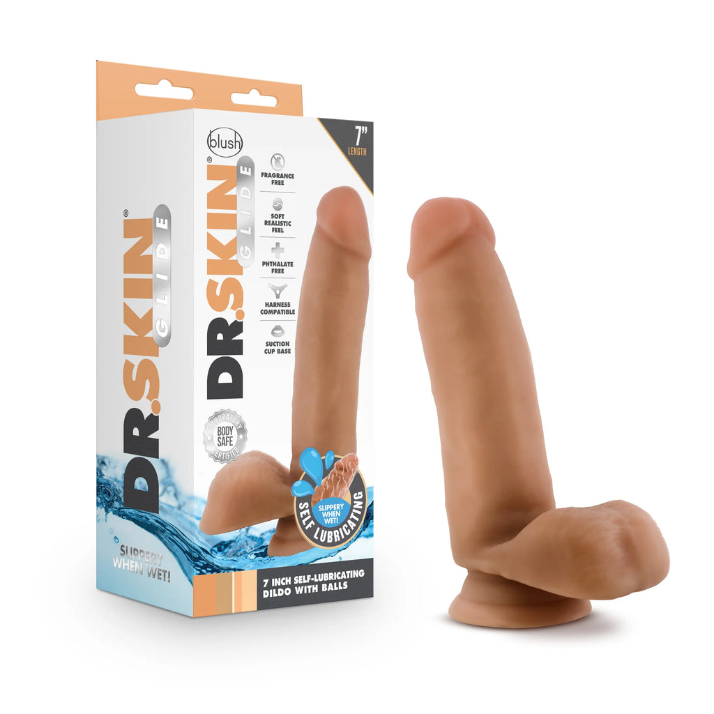 Dr. Skin Glide - 7 Inch Self Lubricating Dildo With Balls - Mocha – body-safe materials | Fu'Cha Exotics