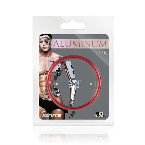 Red aluminum ring with circular shape, 2.25-inch diameter, in retail package