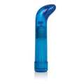 Blue sparkle G-vibe vibrator with ribbed handle and curved tip