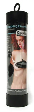 Black cylindrical pinwheel accessory with loop handle and printed label