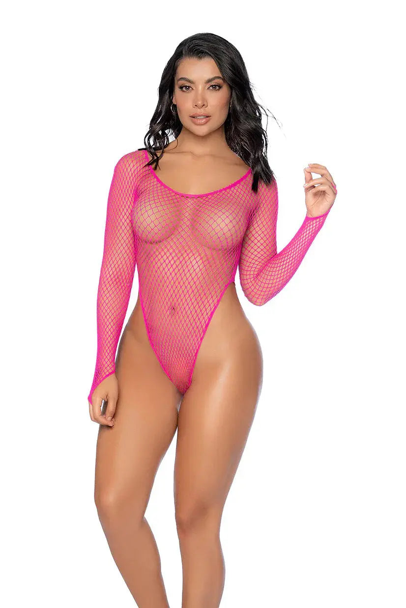 Essential Fishnet Long Sleeve Bodysuit - Os - Neon Pink – body-safe materials | Fu'Cha Exotics