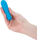 Blue power bullet massager, held in hand