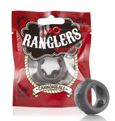 Cannonball ring toy, gray circular piece on red package