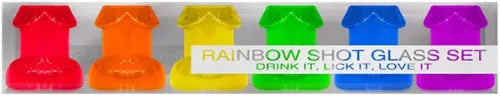 Rainbow shot glass set, multi-color glass shapes with rainbow text label