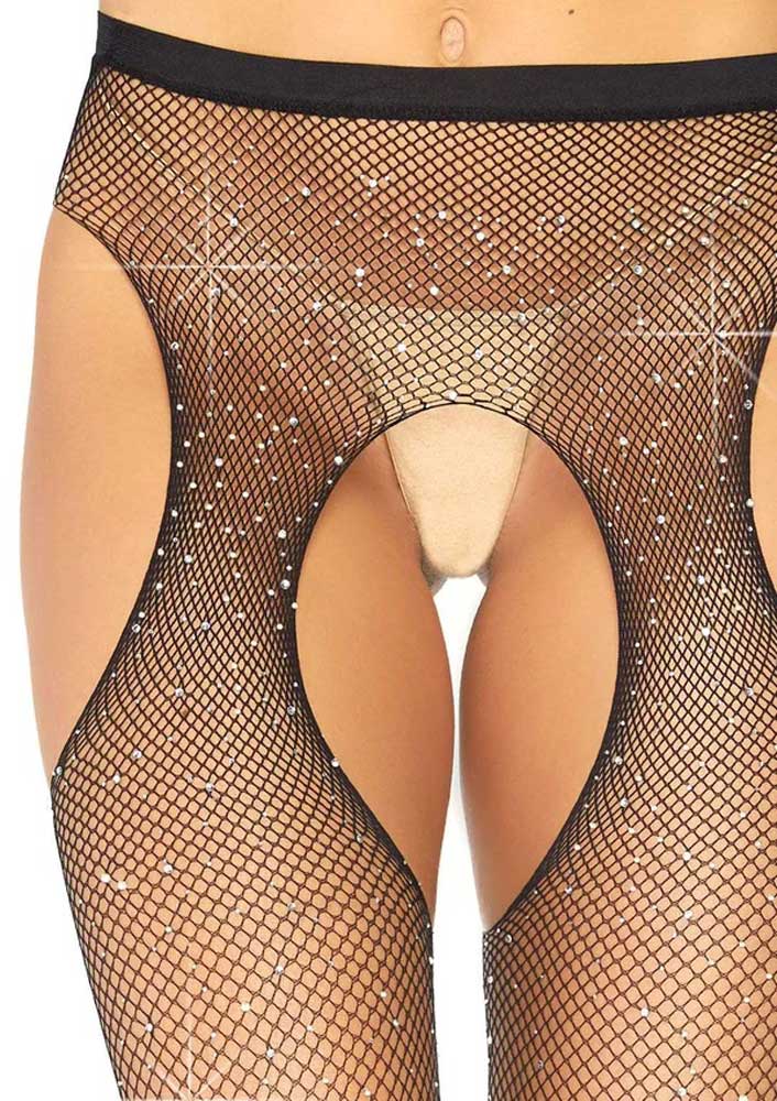 Casey Rhinestone Fishnet Suspender Pantyhose - One Size - Black – nylon | Fu'Cha Exotics