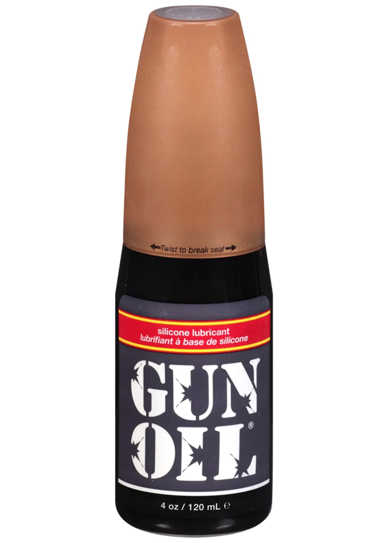Gun oil silicone lubricant bottle, 4 oz; brown cap and black label.