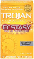 Trojan Stimulations Ecstasy ultrasmooth ribbed condoms, 10-pack box, yellow and gold design