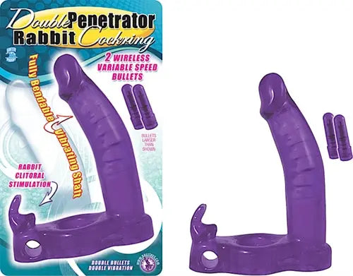 Purple rabbit cock ring with two bullet inserts and base ring