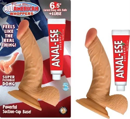 6.5-inch curved fleshy silicone sex toy with balls, plus lube tube