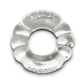 Clear atomic cockring with embossed lettering and scalloped rim, shiny silver finish