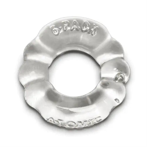 Clear atomic cockring with embossed lettering and scalloped rim, shiny silver finish