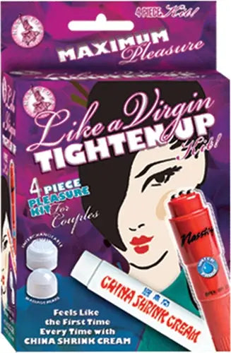 Tighten-up kit retail box with red cream bottle and two white applicators