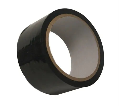 Black bondage tape roll with adhesive backing, curled in a tight loop