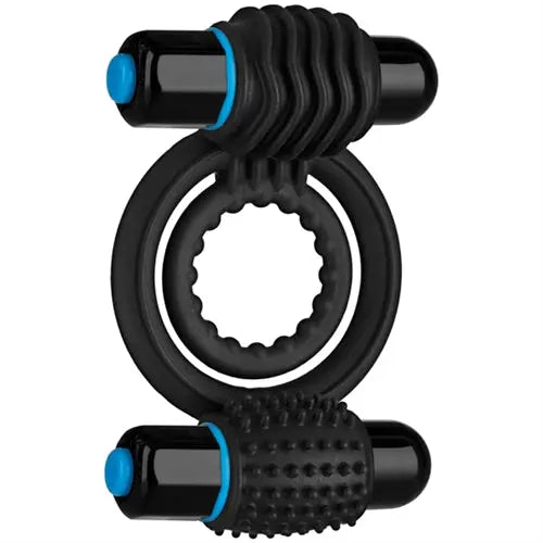 Vibrating double C ring, black with blue accent buttons and textured grip sections