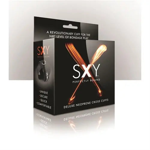 Sxy neoprene cross cuffs packaging, with keychain clasp