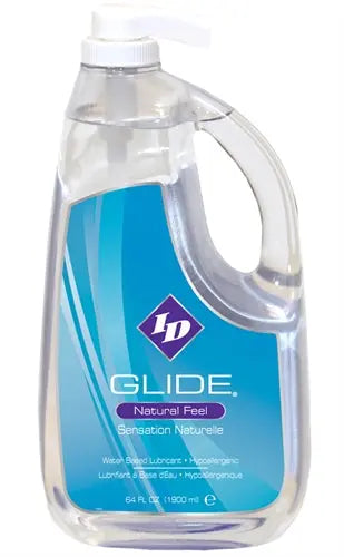 64 fl oz clear plastic pump bottle with blue Glide label