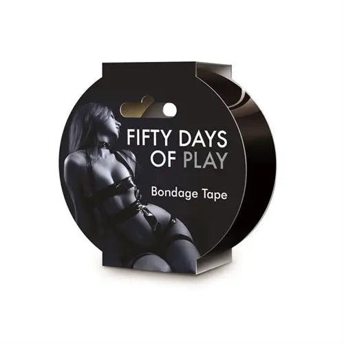 Black bondage tape on circular cardboard package with brand text
