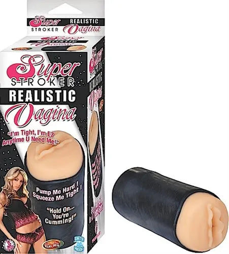 Realistic flesh-colored vagina masturbator with black sleeve