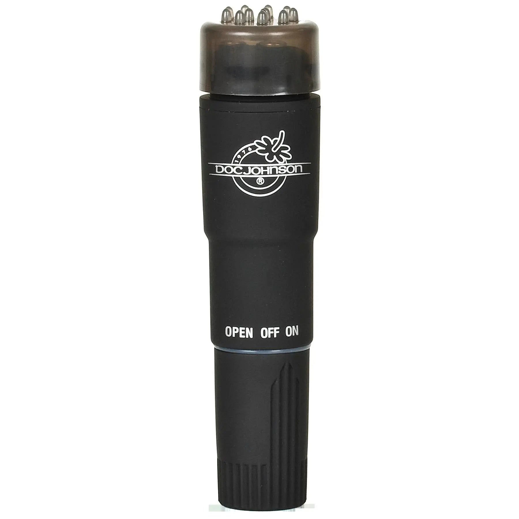 Doc Johnson Black Magic Pocket Rocket handheld massager, open/off/on button