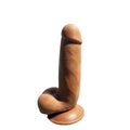 Curved skin-toned adult dildo with dark base and rounded tip