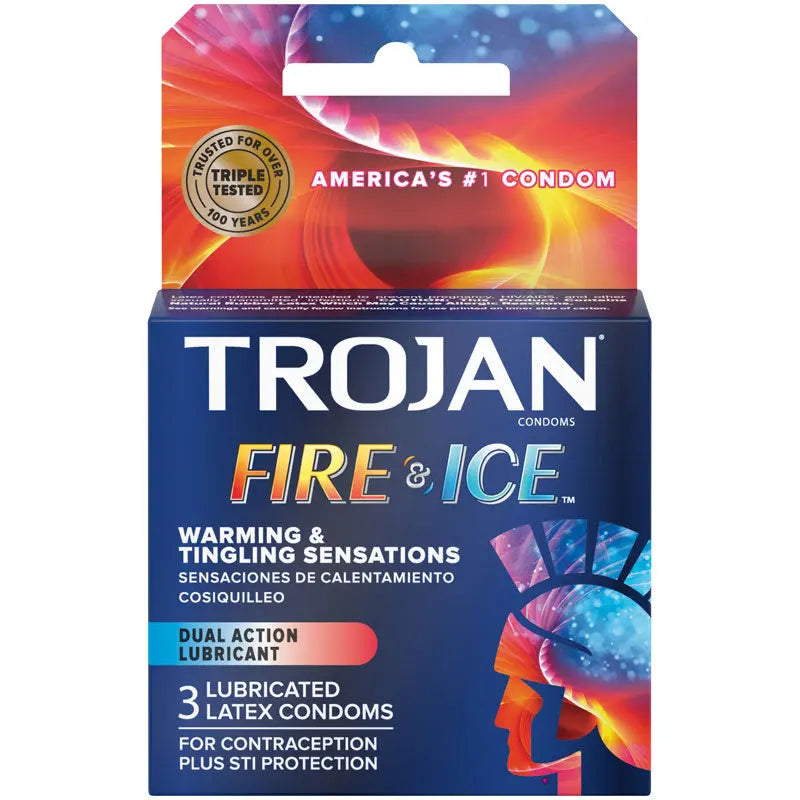 Trojan Fire & Ice dual action lubricated condoms 3-pack box, latex, warming sensations