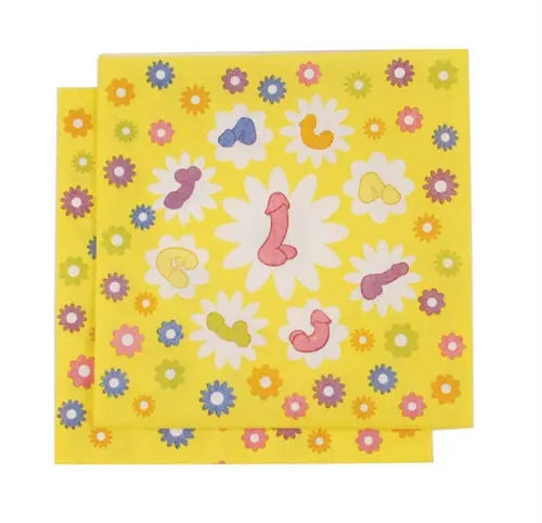 Fun party napkins with cartoon penis figures and colorful flowers on yellow