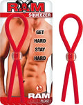 Red ribbon-shaped squeeze toy with loop and bulb ends