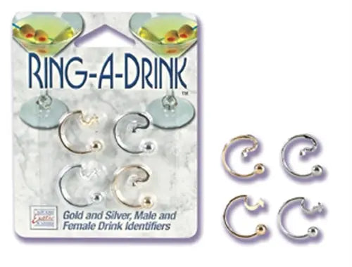 Gold and silver ring-a-drink drink identifiers set with four C-shaped hooks