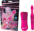 Pink anal stimulation toy with curved tip and touch-button controls