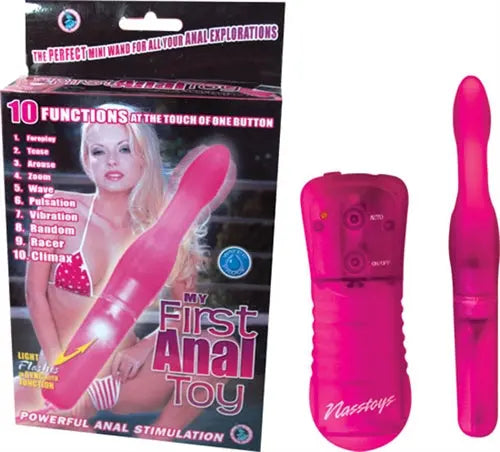 Pink anal stimulation toy with curved tip and touch-button controls