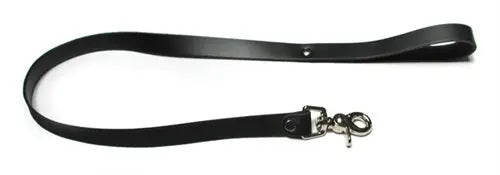 Black leather dog leash with metal clasp and swivel ring