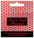 Adult foreplay card game box with red lips pattern and text panel