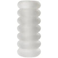 Frosted glass container with stacked scalloped ridges, cylindrical shape