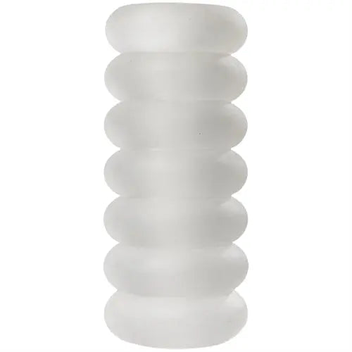 Frosted glass container with stacked scalloped ridges, cylindrical shape