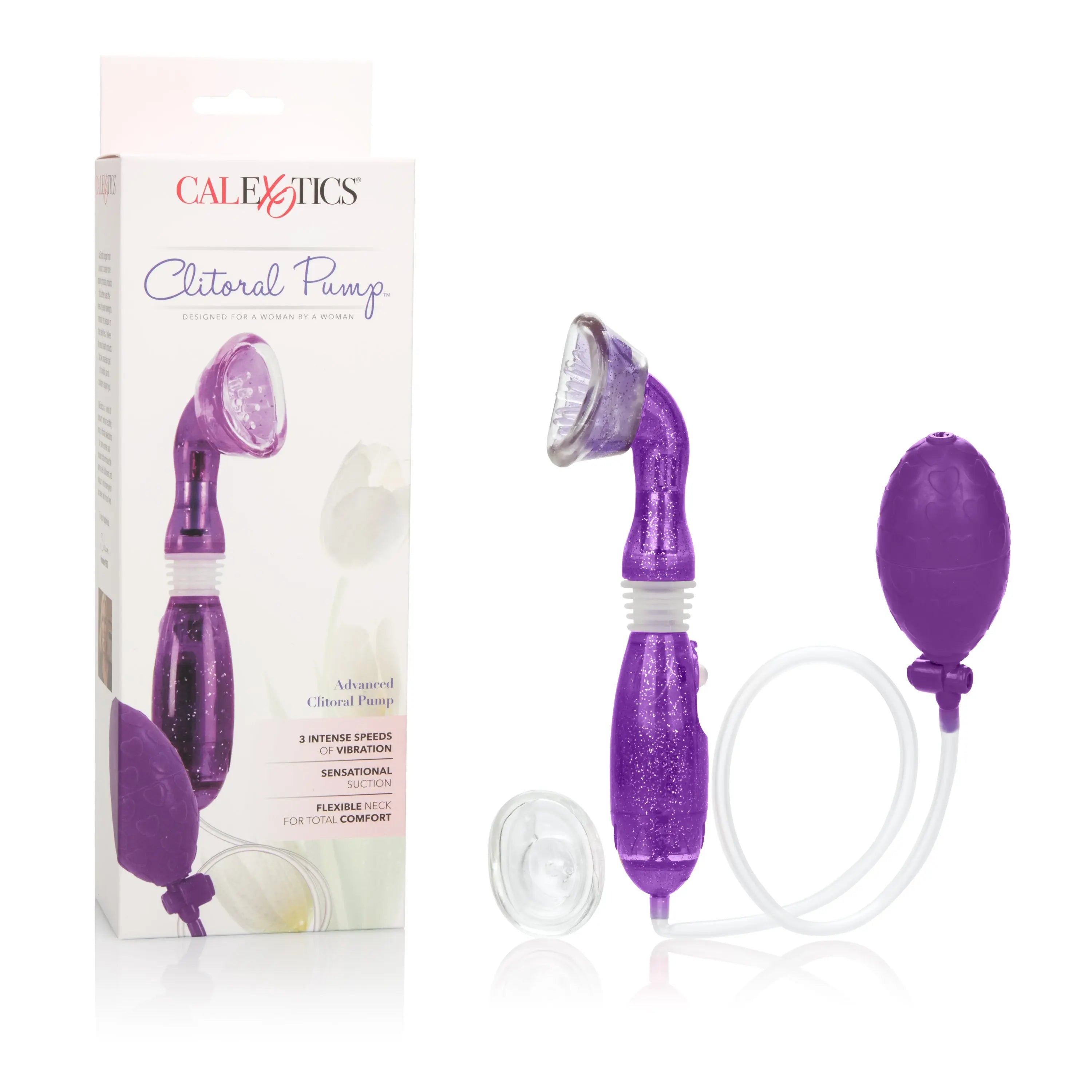 Purple clitoral pump with handheld valve and flexible suction tubing