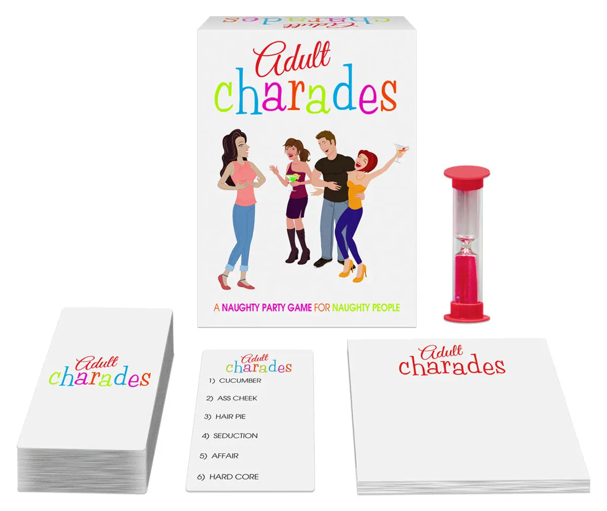 Adult charades party game set with box, cards, and red sand timer
