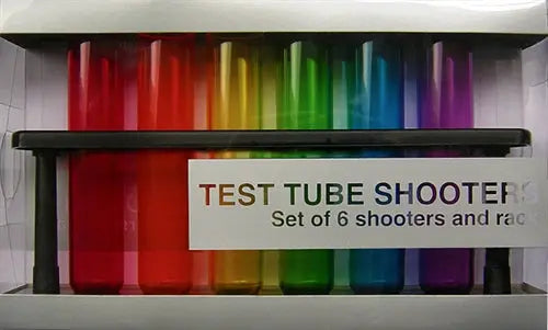 Colorful acetate test tube shooter set with rack, six tubes